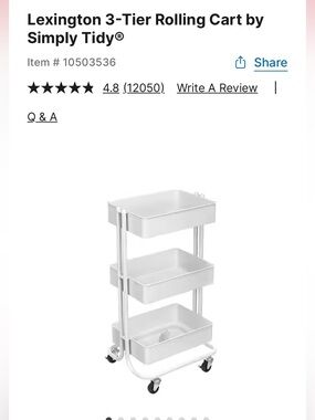 Lexington White 3-Tier Rolling Organizer Cart storage supplies party bar shelves